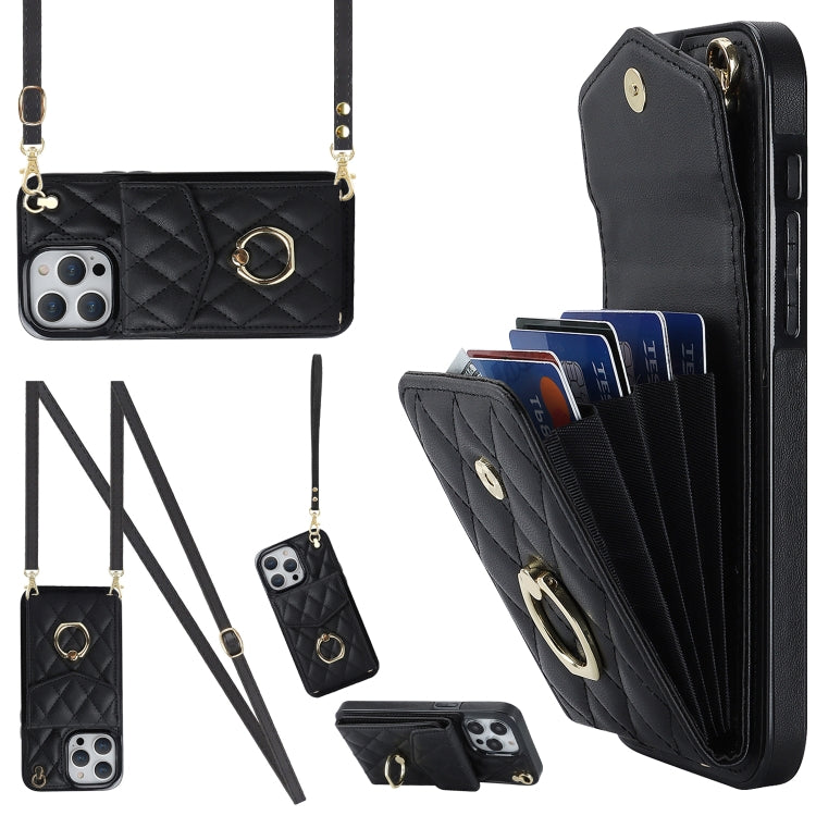 For iPhone 15 Rhombic Texture Card Bag Phone Case with Long Lanyard(Black)
