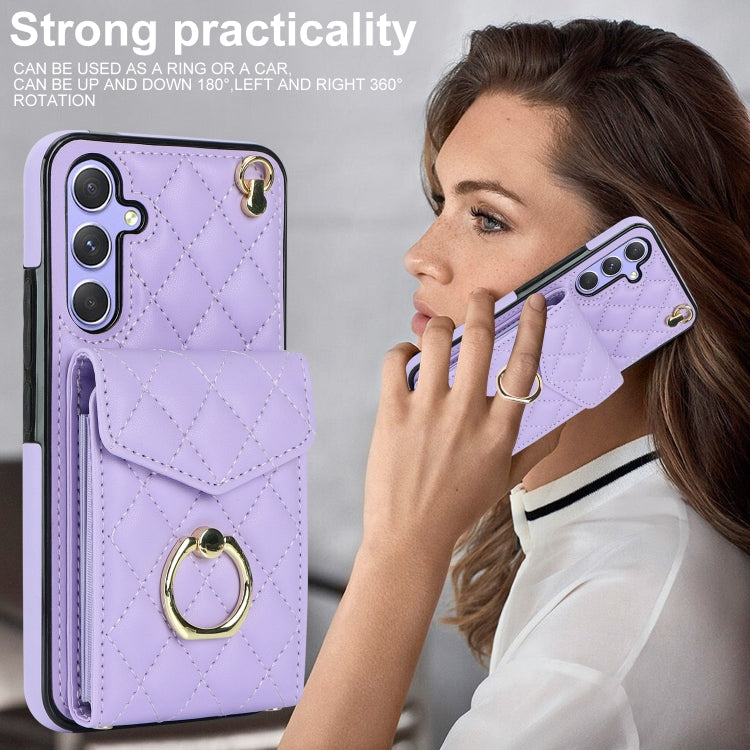 For Samsung Galaxy A54 5G Rhombic Texture Card Bag Phone Case with Long Lanyard(Light Purple) - free shipping - PMC TechLife - Order now!