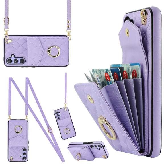 For Samsung Galaxy A54 5G Rhombic Texture Card Bag Phone Case with Long Lanyard(Light Purple)