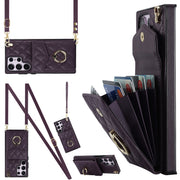 For Samsung Galaxy S23 Ultra 5G Rhombic Texture Card Bag Phone Case with Long Lanyard(Dark Purple)