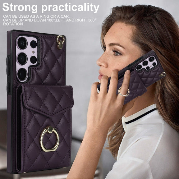 For Samsung Galaxy S23 Ultra 5G Rhombic Texture Card Bag Phone Case with Long Lanyard(Dark Purple)