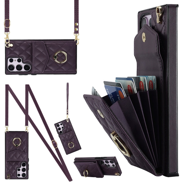 For Samsung Galaxy S23 Ultra 5G Rhombic Texture Card Bag Phone Case with Long Lanyard(Dark Purple)