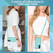 For Samsung Galaxy S23 5G Rhombic Texture Card Bag Phone Case with Long Lanyard(Mint Green)