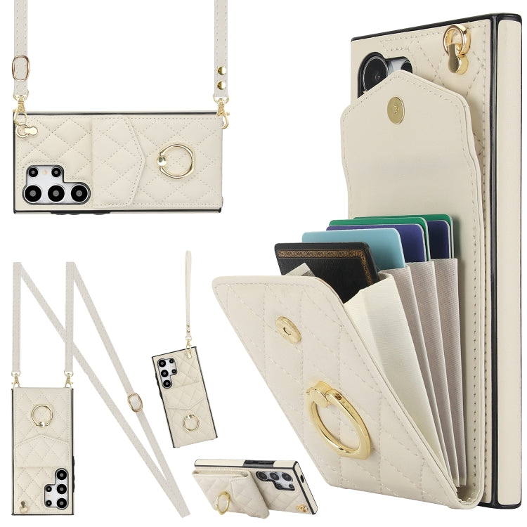 For Samsung Galaxy S24 Ultra 5G Rhombic Texture Card Bag Phone Case with Long Lanyard(White) - free shipping - PMC TechLife - Order now!