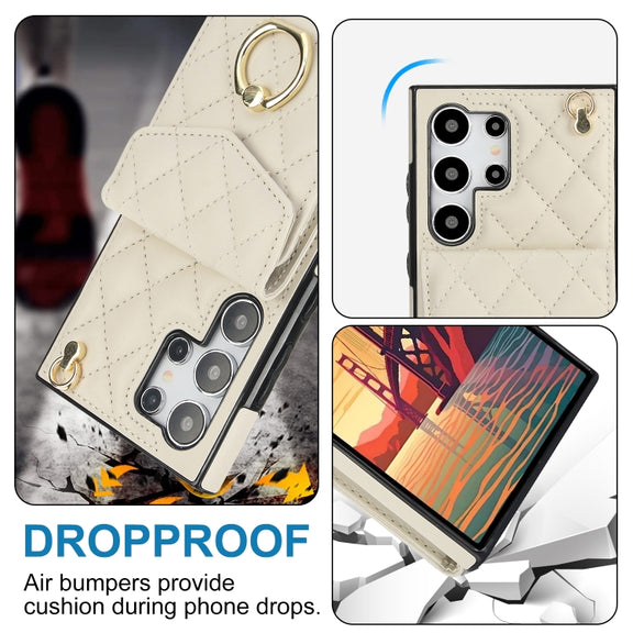For Samsung Galaxy S24 Ultra 5G Rhombic Texture Card Bag Phone Case with Long Lanyard(White)