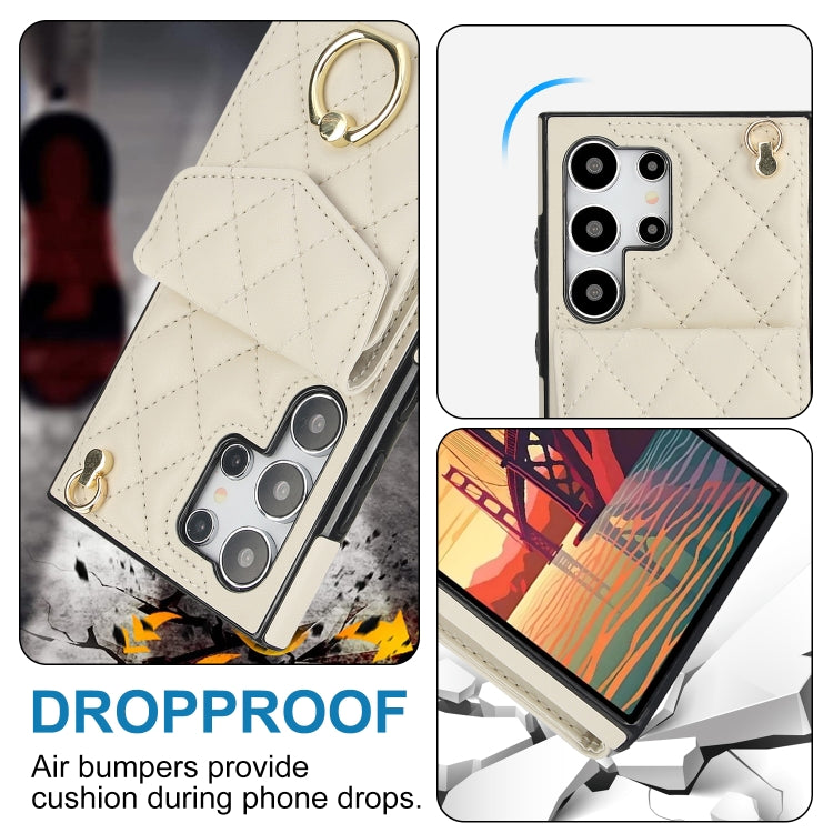 For Samsung Galaxy S24 Ultra 5G Rhombic Texture Card Bag Phone Case with Long Lanyard(White)