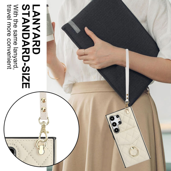 For Samsung Galaxy S24 Ultra 5G Rhombic Texture Card Bag Phone Case with Long Lanyard(White)