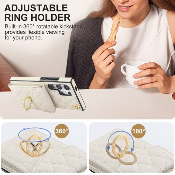 For Samsung Galaxy S24 Ultra 5G Rhombic Texture Card Bag Phone Case with Long Lanyard(White)