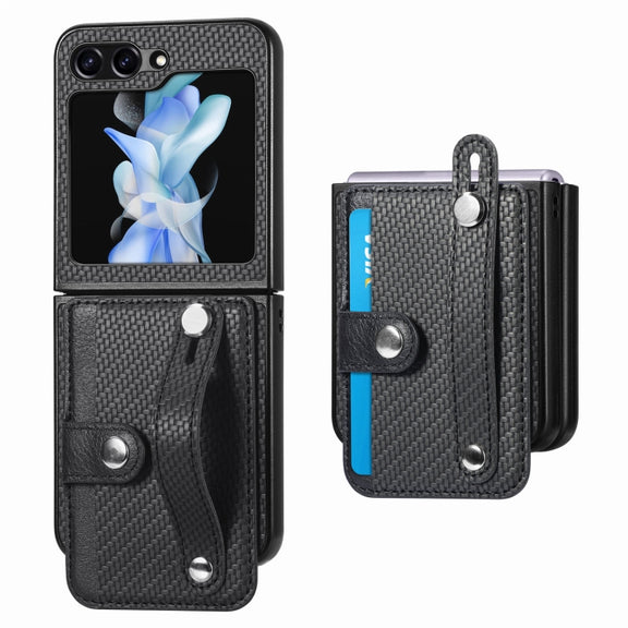 For Samsung Galaxy Z Flip5 Carbon Fiber Wristband Wallet Back Phone Case(Black)