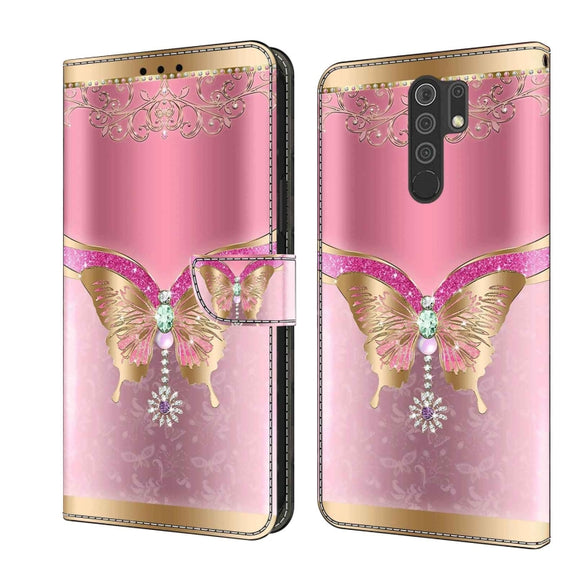 For Xiaomi Redmi 9 Crystal 3D Shockproof Protective Leather Phone Case(Pink Bottom Butterfly)