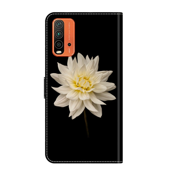 For Xiaomi Redmi 9T Crystal 3D Shockproof Protective Leather Phone Case(White Flower)
