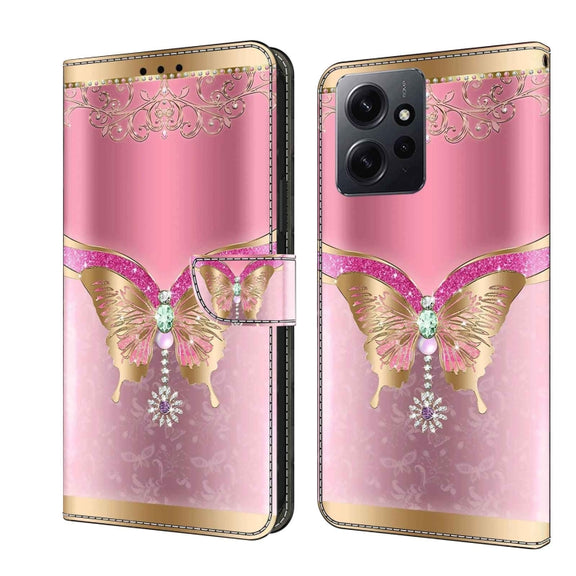 For Xiaomi Redmi Note 12 4G Crystal 3D Shockproof Protective Leather Phone Case(Pink Bottom Butterfly)