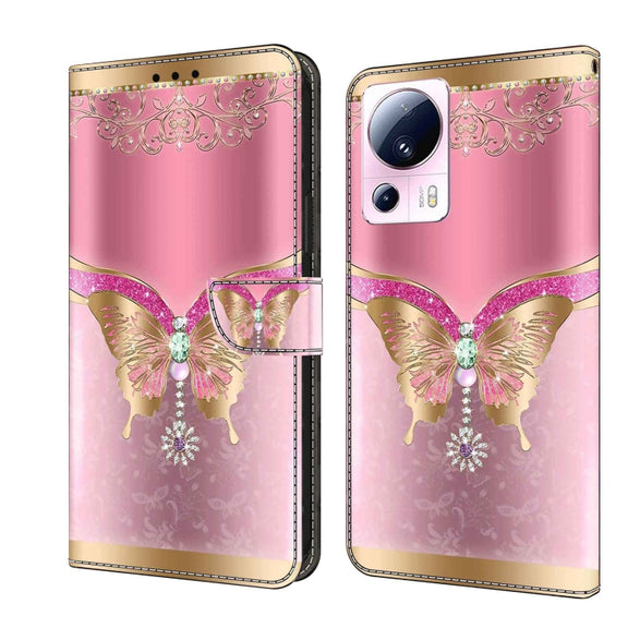 For Xiaomi 13 Lite Crystal 3D Shockproof Protective Leather Phone Case(Pink Bottom Butterfly)