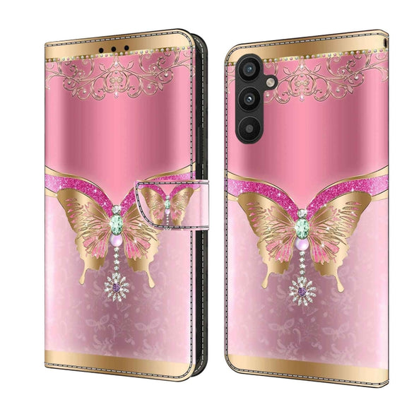 For Samsung Galaxy A34 5G Crystal 3D Shockproof Protective Leather Phone Case(Pink Bottom Butterfly)
