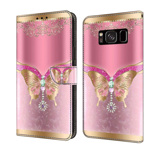 For Samsung Galaxy S8 Crystal 3D Shockproof Protective Leather Phone Case(Pink Bottom Butterfly)