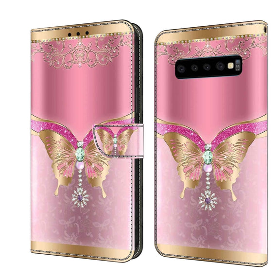 For Samsung Galaxy S10 Crystal 3D Shockproof Protective Leather Phone Case(Pink Bottom Butterfly)