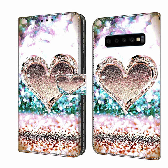For Samsung Galaxy S10 Crystal 3D Shockproof Protective Leather Phone Case(Pink Diamond Heart)