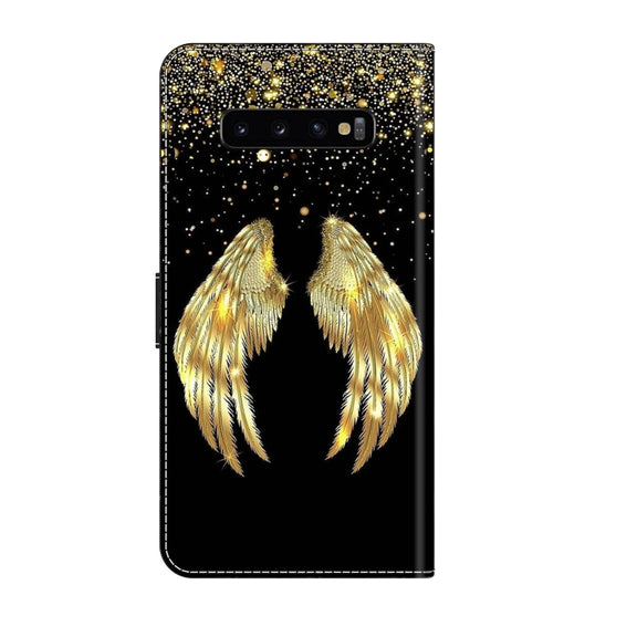 For Samsung Galaxy S10+ Crystal 3D Shockproof Protective Leather Phone Case(Golden Wings)