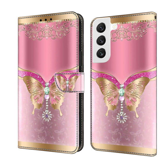 For Samsung Galaxy S22 Crystal 3D Shockproof Protective Leather Phone Case(Pink Bottom Butterfly)