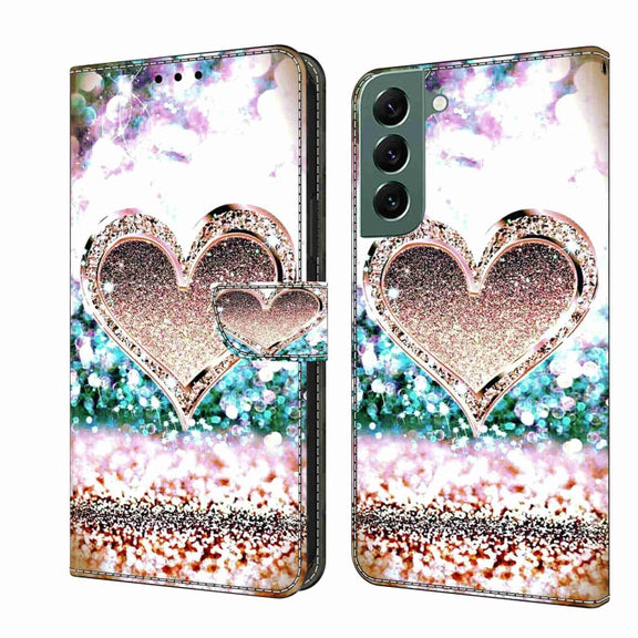 For Samsung Galaxy S22+ Crystal 3D Shockproof Protective Leather Phone Case(Pink Diamond Heart)