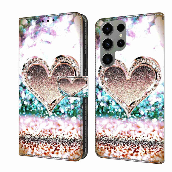 For Samsung Galaxy S23 Ultra Crystal 3D Shockproof Protective Leather Phone Case(Pink Diamond Heart)
