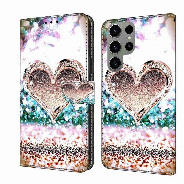 For Samsung Galaxy S23 Ultra Crystal 3D Shockproof Protective Leather Phone Case(Pink Diamond Heart)
