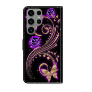 For Samsung Galaxy S23 Ultra Crystal 3D Shockproof Protective Leather Phone Case(Purple Flower Butterfly)