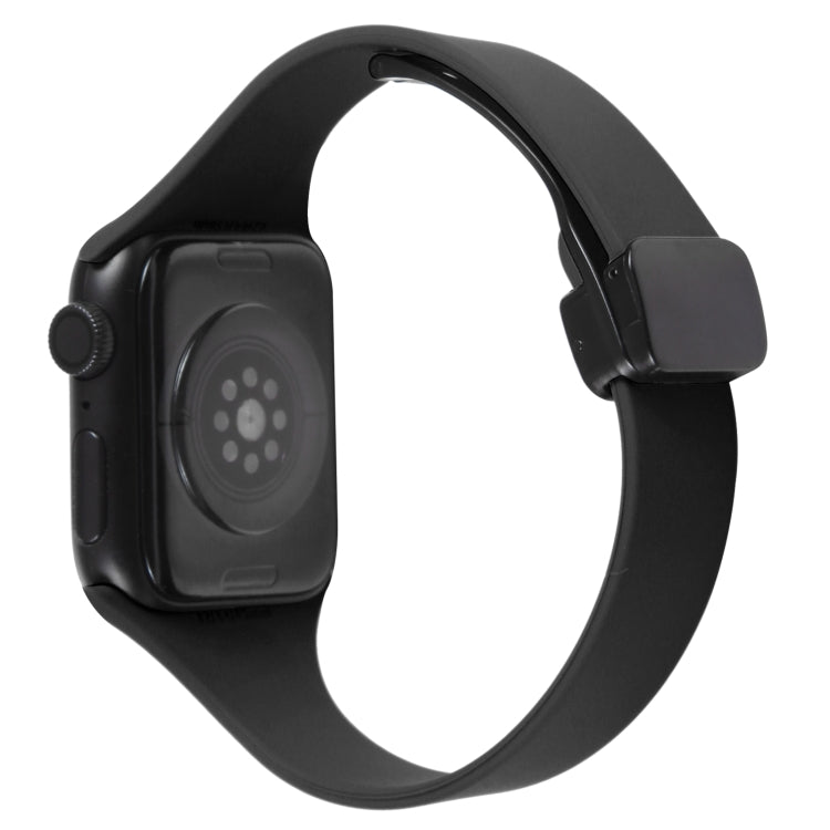 For Apple Watch SE 2022 44mm Magnetic Buckle Slim Silicone Watch Band(Black)