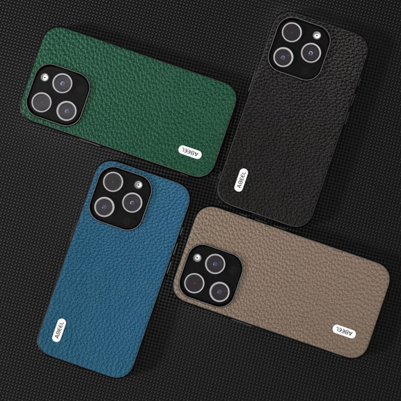 For iPhone 15 Pro Max ABEEL Genuine Leather Litchi Texture Phone Case(Grey)