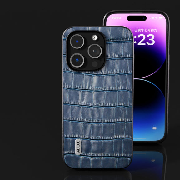 For iPhone 15 Pro ABEEL Crocodile Texture Genuine Leather Phone Case(Blue)