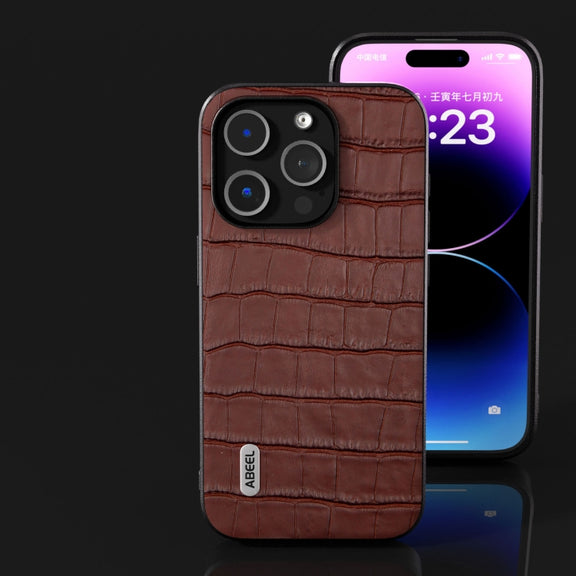 For iPhone 15 ABEEL Crocodile Texture Genuine Leather Phone Case(Brown)