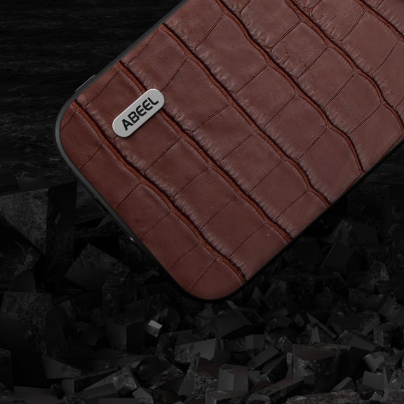For iPhone 15 Plus ABEEL Crocodile Texture Genuine Leather Phone Case(Brown)