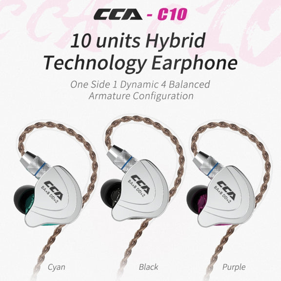 CCA CCA-C10 3.5mm Gold Plated Plug Ten Unit Hybrid Wire-controlled In-ear Earphone, Type:without Mic(Sapphire Cyan)