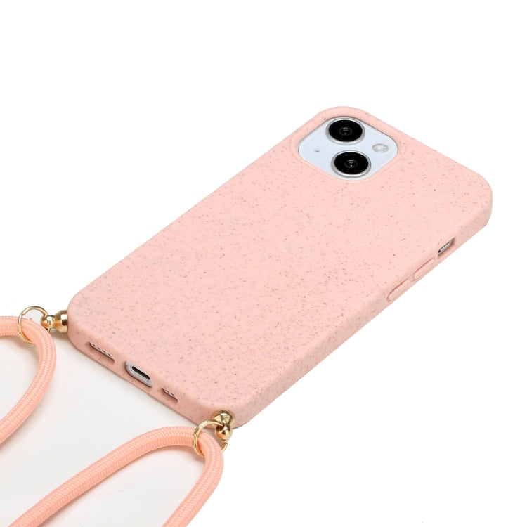 For iPhone 15 Wheat Straw Material + TPU Phone Case with Lanyard(Pink)