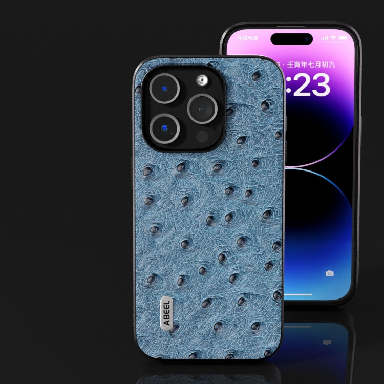 For iPhone 14 ABEEL Genuine Leather Ostrich Texture Phone Case(Blue) - free shipping - PMC TechLife - Order now!