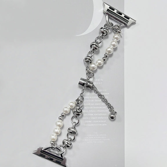 For Apple Watch Series 9 45mm Pearl Bracelet Metal Watch Band(Silver)