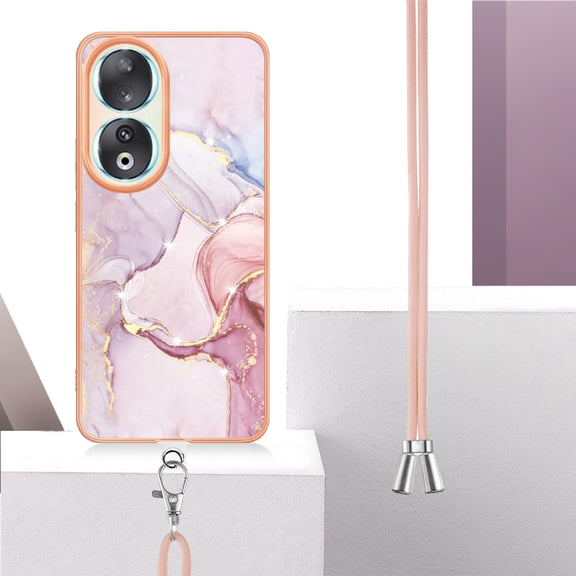 For Honor 90 5G Electroplating Marble Dual-side IMD Phone Case with Lanyard(Rose Gold 005)