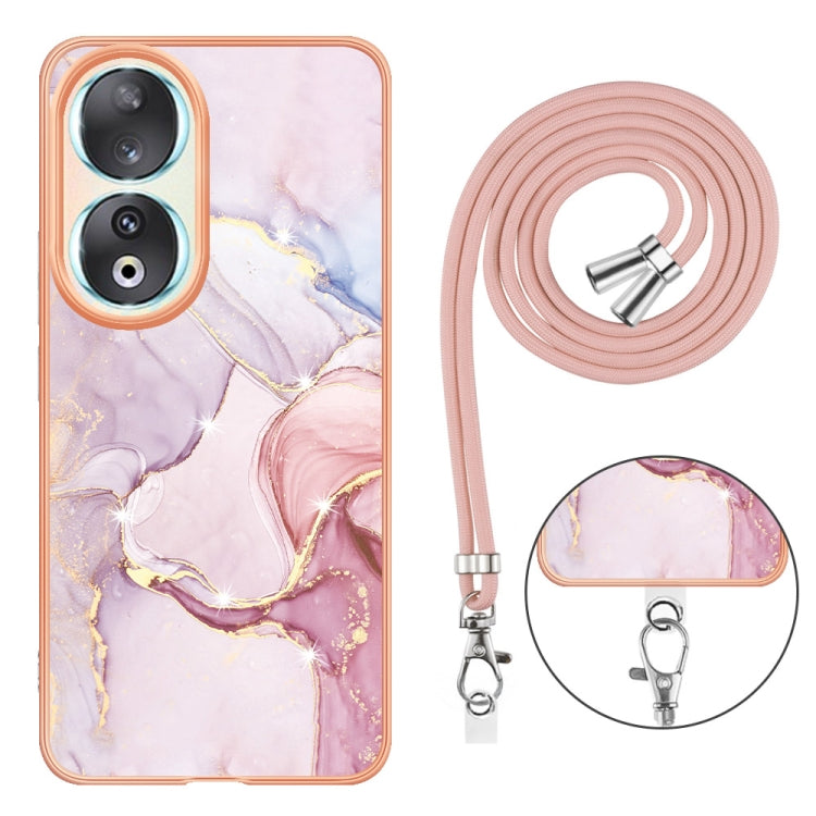 For Honor 90 5G Electroplating Marble Dual-side IMD Phone Case with Lanyard(Rose Gold 005)