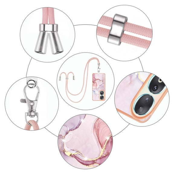 For Honor 90 5G Electroplating Marble Dual-side IMD Phone Case with Lanyard(Rose Gold 005)