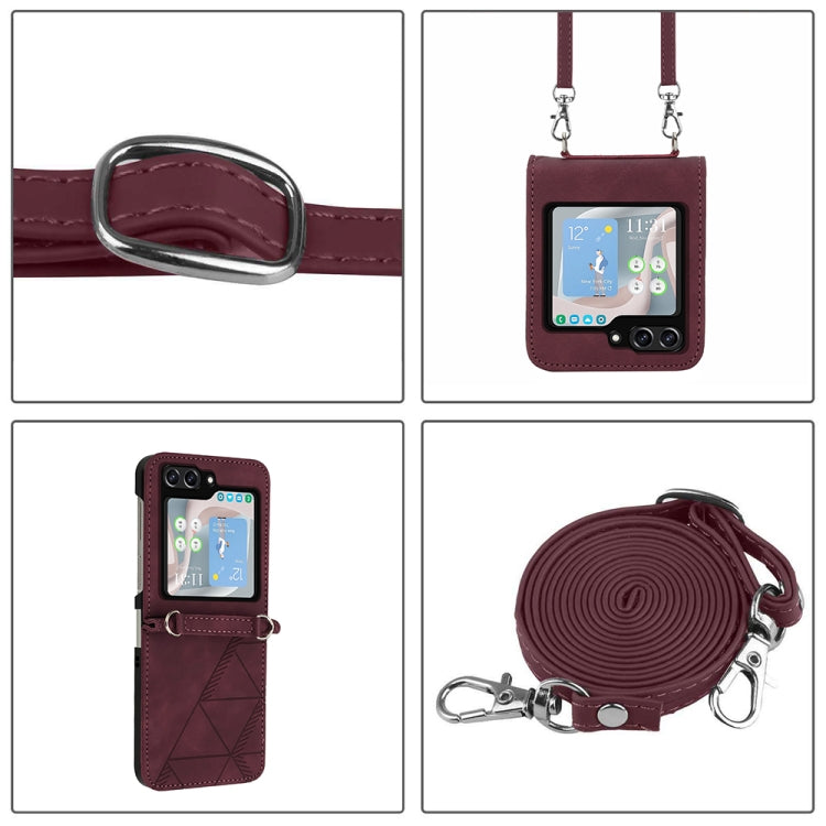 For Samsung Galaxy Z Flip5 5G Crossbody 3D Embossed Flip Leather Phone Case(Wine Red)