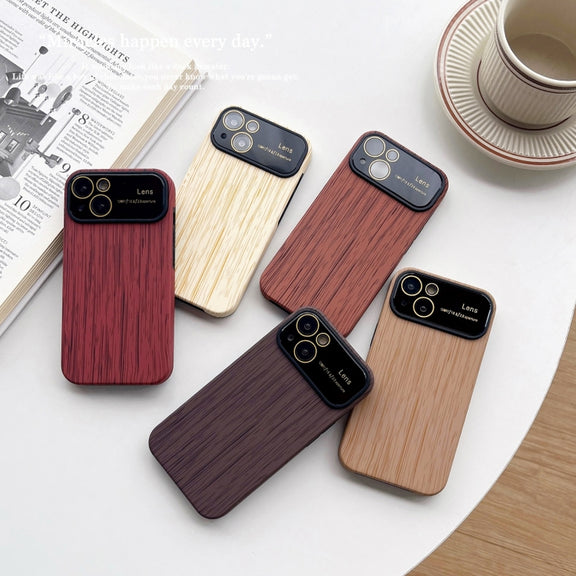 For iPhone 14 Pro Max Wood Grain TPU Phone Case with Lens Film(Khaki)