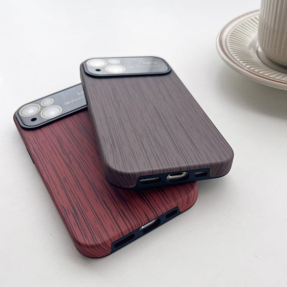 For iPhone 14 Pro Max Wood Grain TPU Phone Case with Lens Film(Khaki)