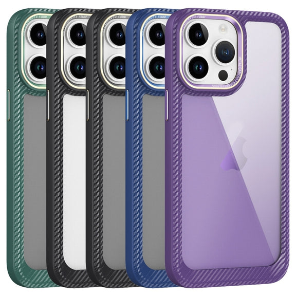 For iPhone 14 Carbon Fiber Transparent Back Panel Phone Case(Black + Transparent Black)