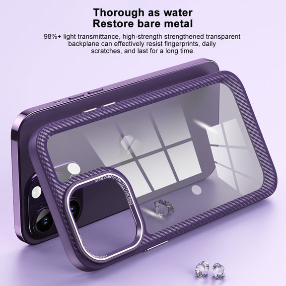 For iPhone 12 Pro Max Carbon Fiber Transparent Back Panel Phone Case(Black + Transparent Black)