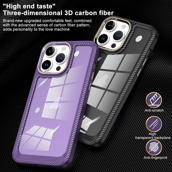For iPhone 13 Pro Carbon Fiber Transparent Back Panel Phone Case(Purple)