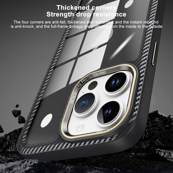 For iPhone 14 Carbon Fiber Transparent Back Panel Phone Case(Black + Transparent Black)