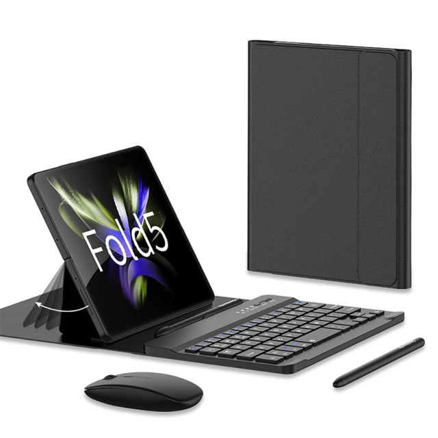 For Samsung Galaxy Z Fold5 GKK Gear Adjustment Bluetooth Keyboard Leather Case with Pen + Keyboard + Mouse + Case(Black)