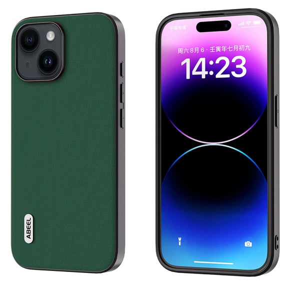 For iPhone 14 Plus ABEEL Genuine Leather Silky Soft Black Edge Phone Case(Green)