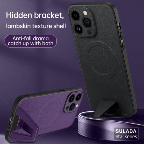 For iPhone 14 Pro SULADA Folding Holder Lambskin Texture MagSafe Phone Case(Red)