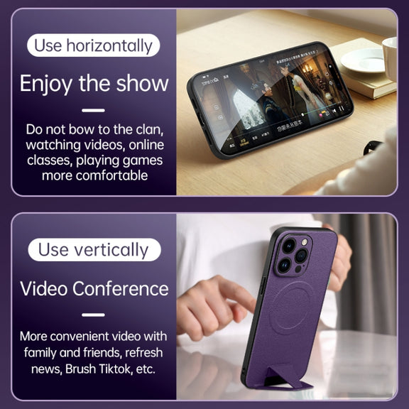 For iPhone 14 Pro Max SULADA Folding Holder Lambskin Texture MagSafe Phone Case(Purple)
